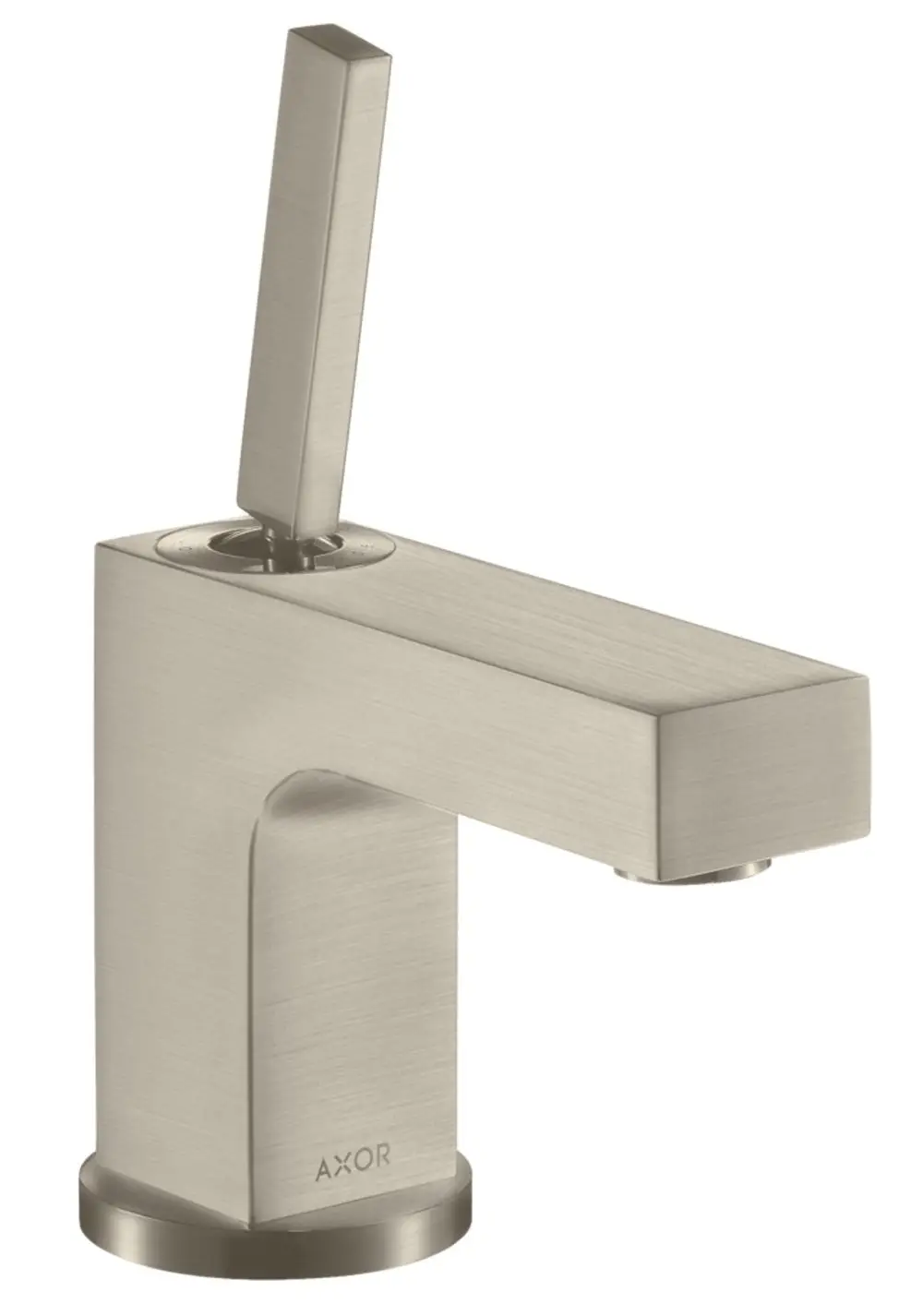 Einhebel-Waschtischmischer mit einem langen, rechteckigen Griff und runder Basis in gebürstetem Nickel, Hersteller AXOR.